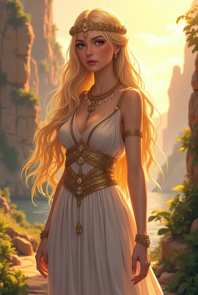 A beautiful young Greek princess with long blonde hair, piercing eyes, elegant facial features and a serene expression ((anime style)), detailed face and body, intricate jewelry and ornate dress, standing in a mythical Greek landscape, warm color palette, high detail, lighting, masterpiece, full body, seductive, erotic, hot
