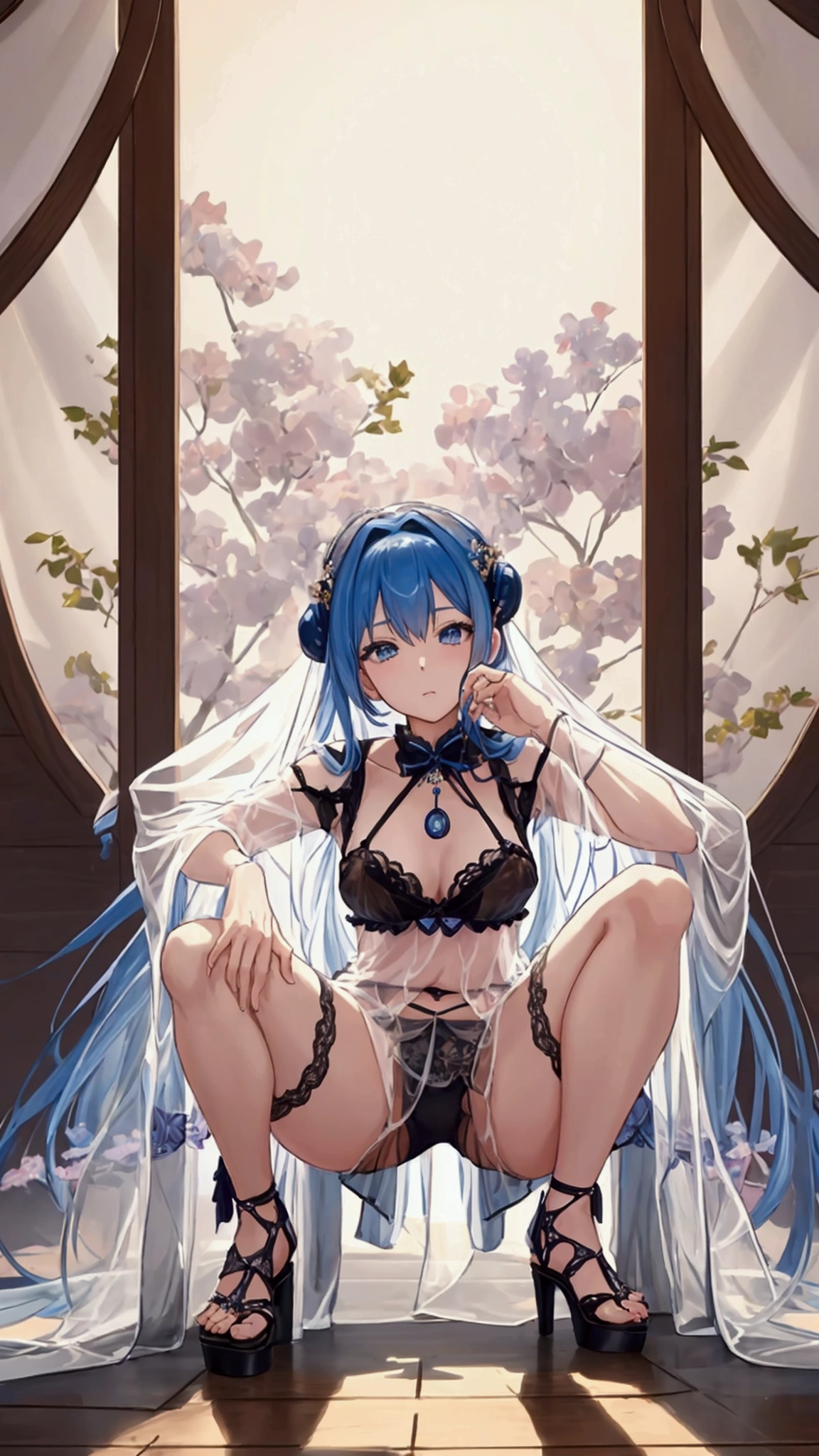 Fascinating anime, Highly Detailed Art gems, 美しくFascinating anime女性, Anime Goddess, , Trending on cgstation, Detailed anime artwork, 8K High Resolution, Detailed Art, 美しくFascinating animeの25歳, Beautiful and detailed anime art、((Crouching with legs spread))、(((See-through underwear)))、