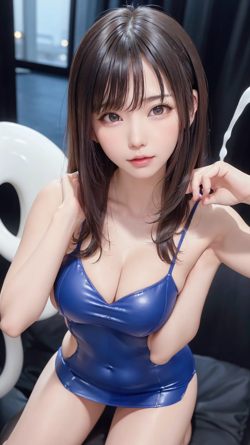 (8k, RAW Photos, Highest quality, masterpiece: 1.2)、Very detailed、Super Resolution、(Full body photography)、Natural color lip、Heavy eye makeup、(Super mini skirt tight dress costume 1.2), Gorgeous Accessories、Straight Hair、H cup breasts、Large Breasts:1.2、(Background of a high-end nightclub with a night view1.2)、(Dynamic Sexy Pose 1.2)、(Gorgeous Theme 1.2)、(With cleavage 1.2)、 ((The depiction of liquid semen being ejaculated from the penis is extremely realistic))