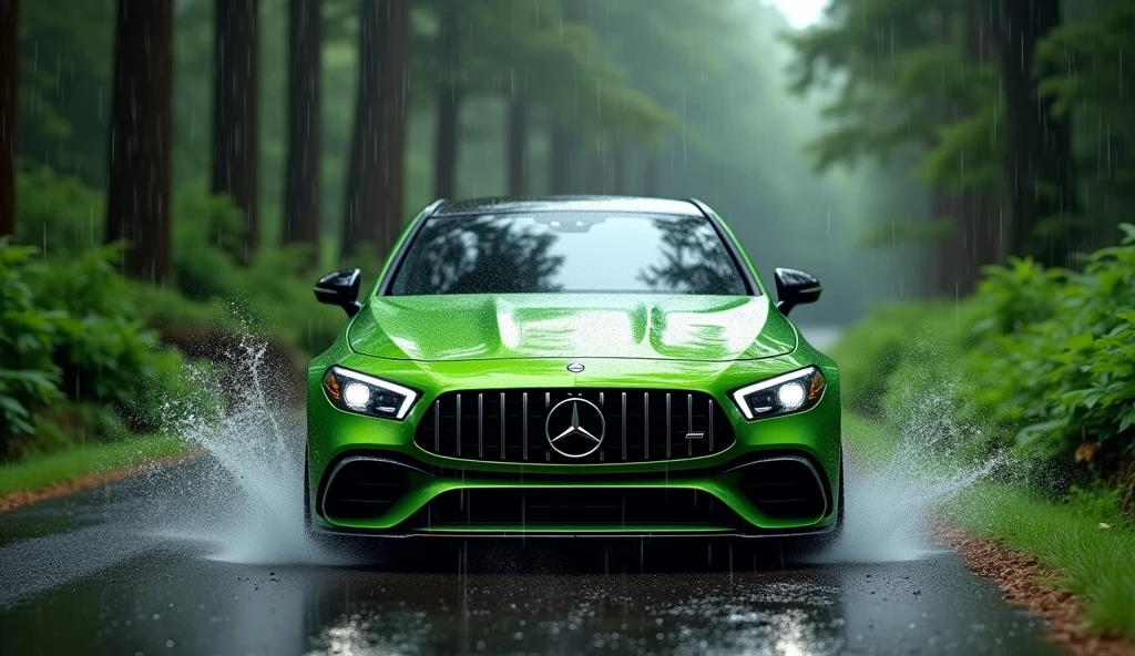 Mercedes benz amg a 200, green colour on the road of forest with rain