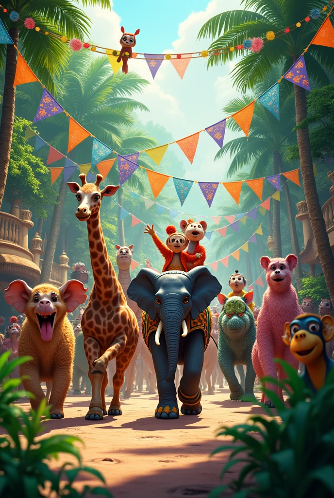 In the jungle, there's a parade,
With animals of every shade.