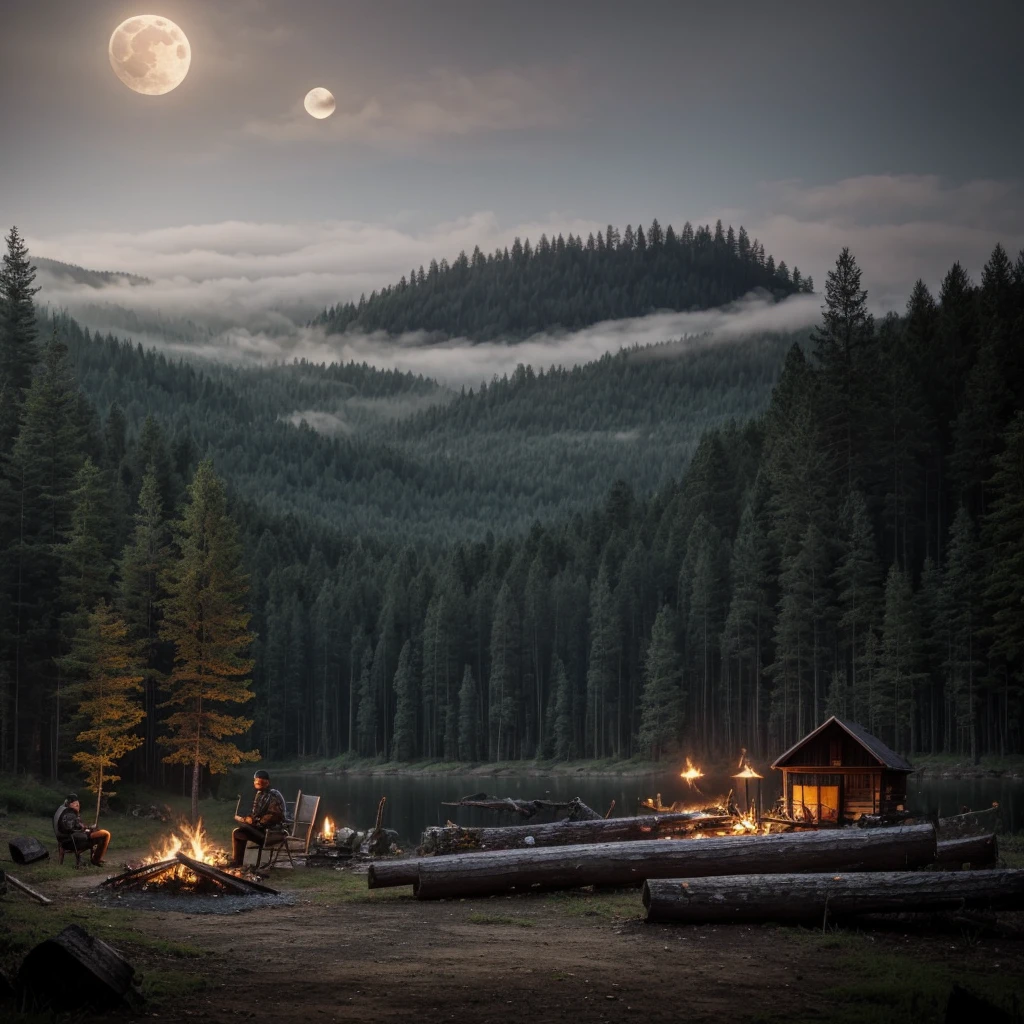 1Knight sitting on log, Forest, campfire, moon, moonshine, Fog, Dark Castle on background, Dark fantasy, Dark colours