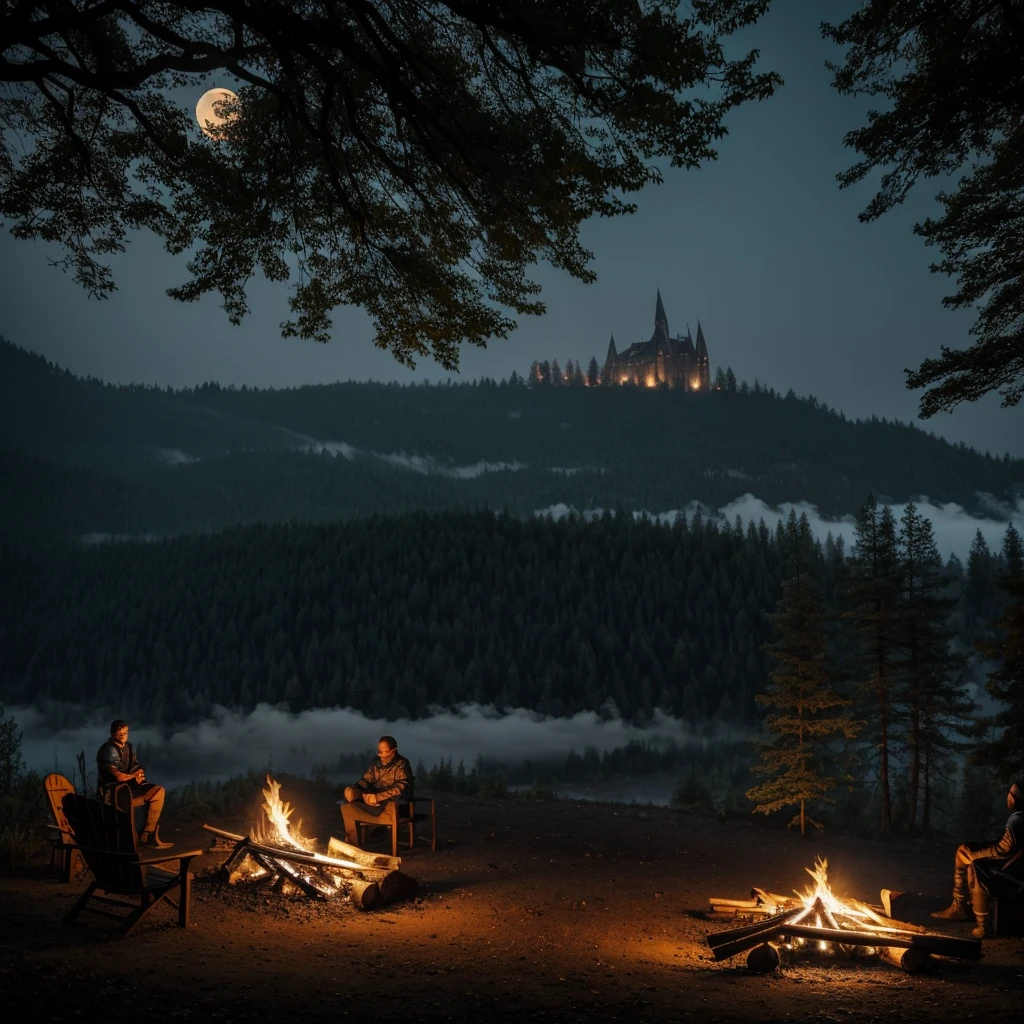 1Knight sitting on log, Forest, campfire, moon, moonshine, Fog, Dark Castle on background, Dark fantasy, Dark colours