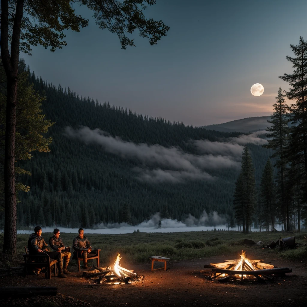 1Knight sitting on log, Forest, campfire, moon, moonshine, Fog, Dark Castle on background, Dark fantasy, Dark colours 