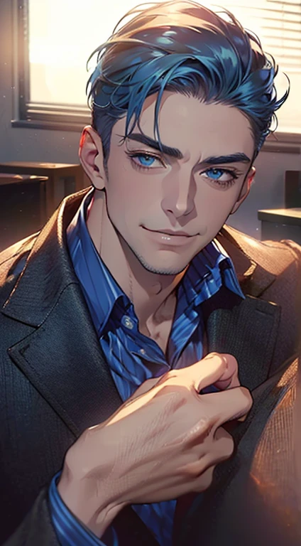 (best quality,4k,8k,highres,masterpiece:1.2),ultra-detailed,(realistic,photorealistic,photo-realistic:1.37),1 man,3,mature man,very handsome,without expression,smile,short blue hair,blue eyes,penetrating gaze,perfect face without errors,imposing posture,businessman,office background,cinematic lighting,hdr image