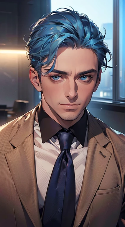 (best quality,4k,8k,highres,masterpiece:1.2),ultra-detailed,(realistic,photorealistic,photo-realistic:1.37),1 man,3,mature man,very handsome,without expression,smile,short blue hair,blue eyes,penetrating gaze,perfect face without errors,imposing posture,businessman,office background,cinematic lighting,hdr image