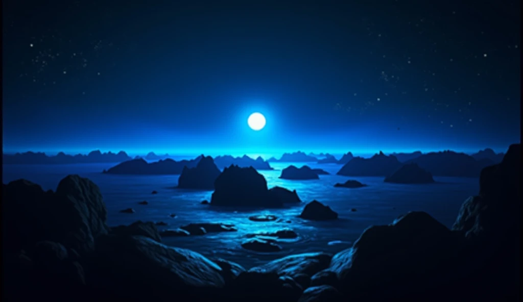 The magnificent sight of a full moon over the vast ocean, Blue Moon Light, The blue night is exceptionally bright, The blue glow has the Tyndall effect, Soft blue night light, Blue vibe, Moon Landscape, deep Blue vibe, blue glow, blue sunset, Blue Moonlight, Moon surface, dark blue planet,There is seawater,(There are reefs exposed above the water),The sea water reveals the moonlight under the reflection of the moon,(The moon is in the upper center of the picture,The whole picture is blue)