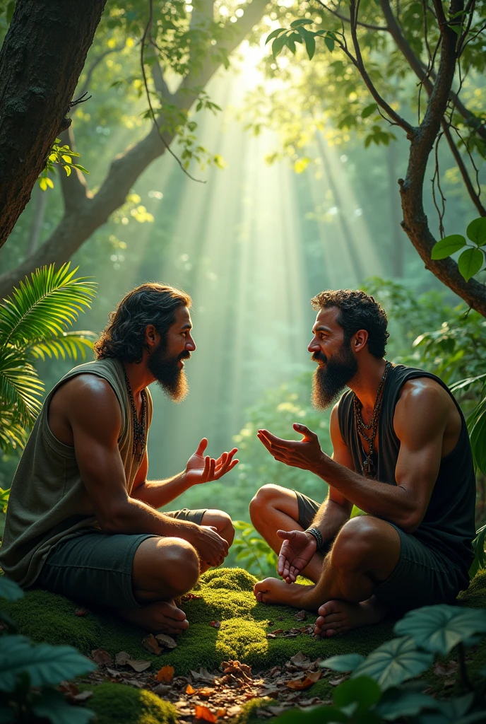 Two man sit in the jungle and tell each other a story