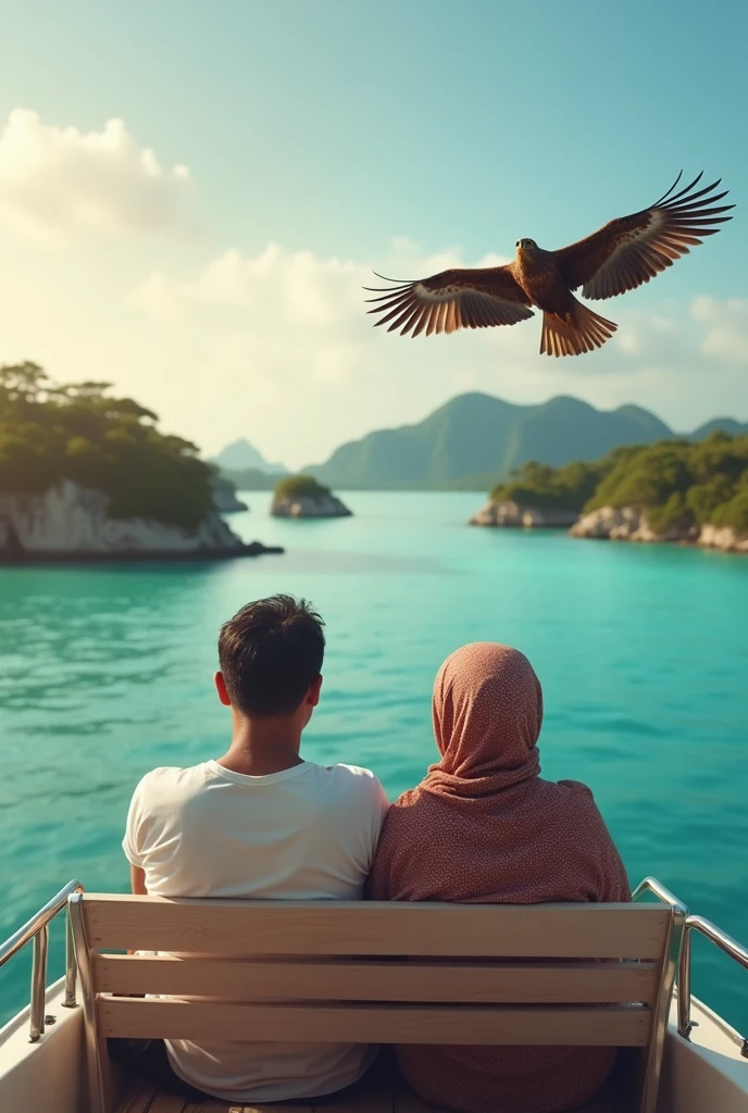 very detailed and realistic photos, HD quality, 4K, A married couple, wearing glasses,looking at the Camera, Indonesian man and woman, 70 years old,black hair, the man is a bit thin, 170 cm tall, wearing casual clothes, the woman is wearing a headscarf, fat, 165 cm tall, the photo position is facing the camera, they are riding a luxury private yacht with an open roof on a seashore with a background view of small islands that are very beautiful and exotic with very clear sea water, a large eagle appears to be flying very close to their ship. morning atmosphere with the sun still looking reddish in the sky.