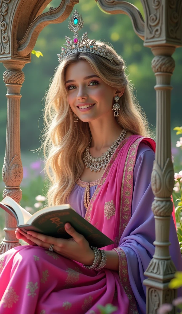 Full closeup, young woman, sitting under castle swing with crafted four pillars surrounded flowers garden, reading book, silver tiara crown with a single peacock feather in front crown, wearing a bright pink and levender silk floral embroidery sari, innocent, female, wearing silver ornaments Colorfull gemstone, beautiful and delicate, dark blonde hair, White skin, open eyes, eye natural color, expression of peace and happiness, very saturated colors, front face