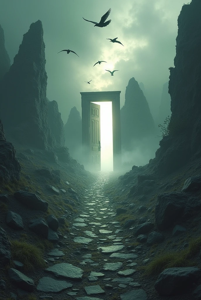 an environment of desolation and destruction with a path full of thorns, stones and dark birds flying overhead and an open door with a bright light showing through the door an environment of peace and rest