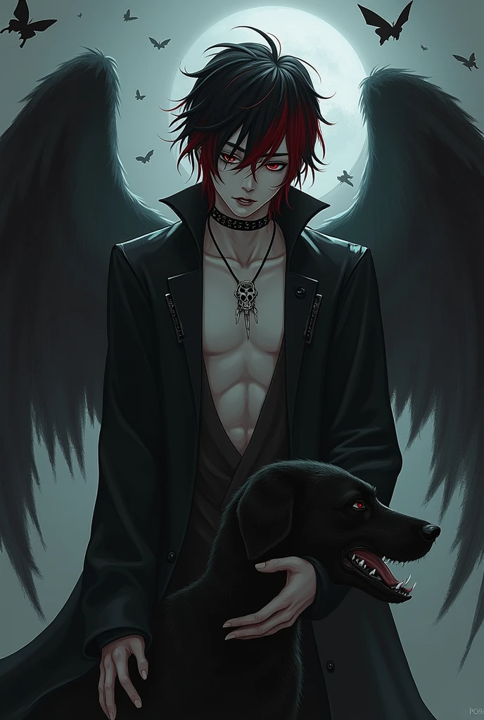 A boy who looks like someone in his 20s, her hair is black and red and her skin is white and pale, each of your eyes has a different color from the other, he is sad and melancholic because he is not reciprocated by the man he loves, he looks like a gothic, he is an angel who lost his heavenly grace and was cursed, he has vampire fangs and one of his wings is skeletal and the other is bat-like, he is a dark wizard, he has a black dog made entirely of darkness, he wears a choker and a skeleton necklace, he also likes butterflies and is an RPG character, he cries black tears and is always accompanied by his dog of darkness, the dog appears to be made of black smoke, he also has pointy ears and wears the robes of a dark wizard.