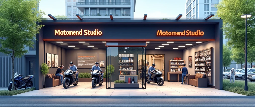 Generate a realistic, horizontally shop width lenthy more more expended part by part room 1 part Service point, 2 part waiting room, 3 part payment reciption same floor extended image of a one-floor bike servicing center named 'MotoMend Studio' in a roadside city area. The design should clearly show three sections: a service point with three mechanics working on bikes visible through a glass front, a customer waiting room with comfortable seating and customers waiting, and a reception area on one side. Also, include a corner with a showcase wall displaying parts, helmets, and engine oil. The center should be clean, organized, and modern. The exterior should feature a well-paved road, a few trees, and surrounding buildings, creating a lively city atmosphere. The 'MotoMend Studio' branding should be prominently displayed on the glass door and signage one floor and one side customer wait in sofa hand tea