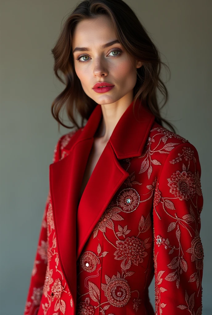 European woman model wearing red floral rhinestone coat