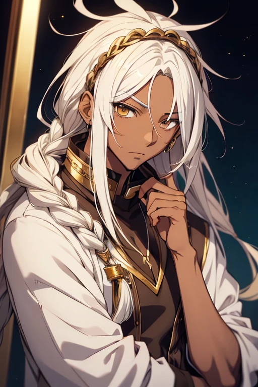 2d anime man brown skin, white dreadlocks hair, golden eyes,mince 