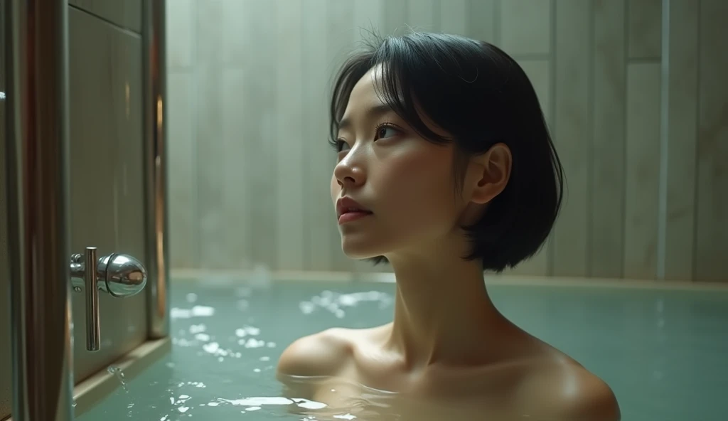 (Best quality, Japanese woman, 4, short black hair, (in shower room), luxury city hotel room, (elegant atmosphere), soft lighting)