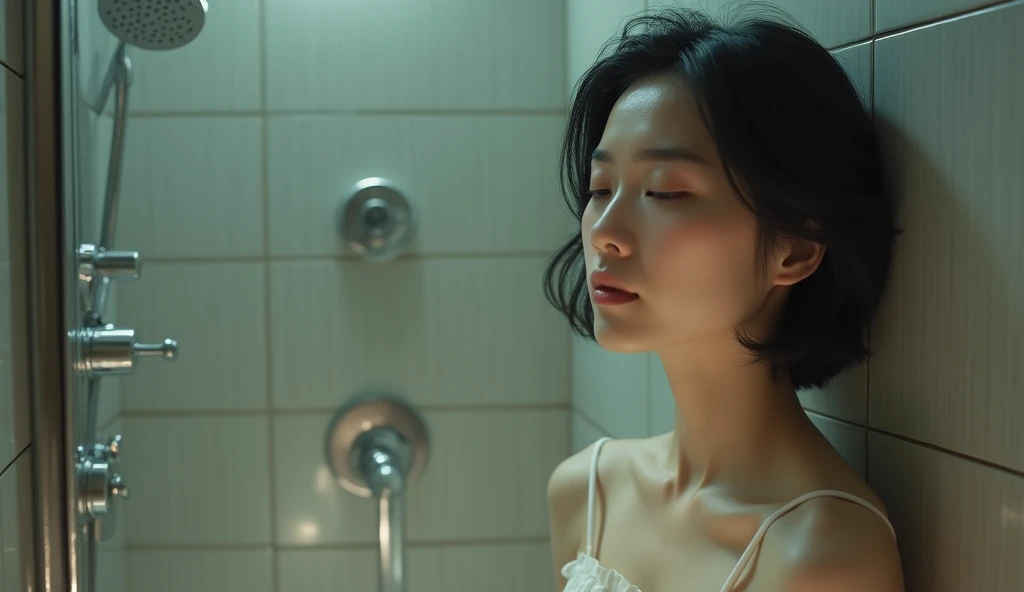 (Best quality, Japanese woman, 4, short black hair, (in shower room), luxury city hotel room, (elegant atmosphere), soft lighting)