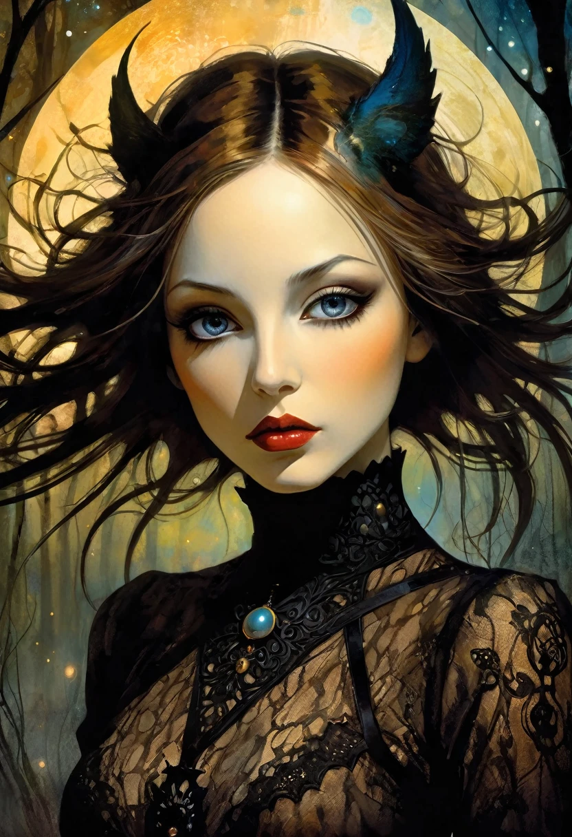portrait, elegant frame, sexy monster girl, long brown straight hair, sexy, small breasts, sexsexsex, dirty black booger costume, elegant victorian era dress, magic, fantasy, sinister forest background at night, with stars and nebulae,(best quality, 4k, 8k, high resolution, masterpiece: 1.2), ultra-detailed, (realistic, photorealistic, photorealistic: 1.37), details intricate, vivid colors, sharp focus, professional, Dave McKean artwork, surrealism oil touch, oil painting style, portrait, woman, beautiful detailed eyes, beautiful detailed lips, dreamy atmosphere, shadow play, lighting soft, fun pose, dark tones, ethereal background, fantasy elements, texture, layered composition., art inspired by Bill Sienkiewicz and Dave McKean