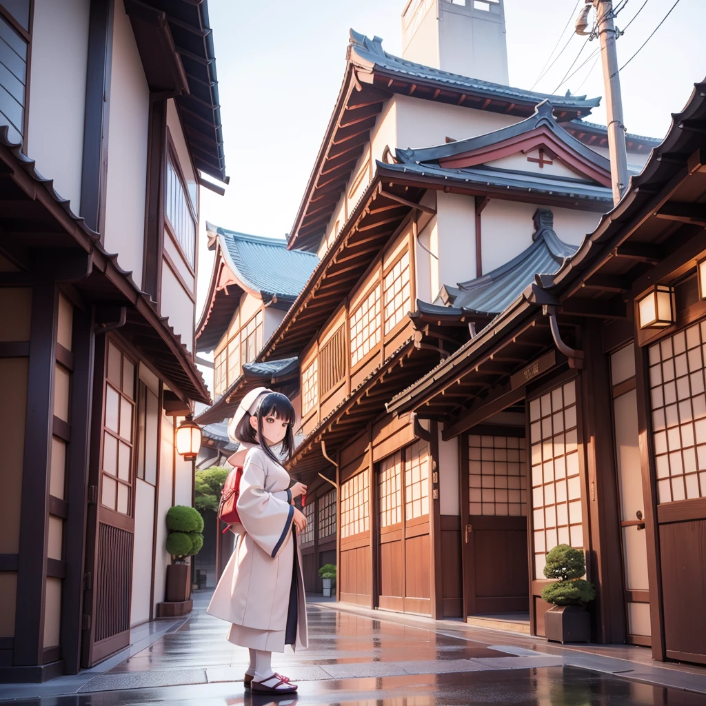 Japanese girl priest、Japanese cityscape