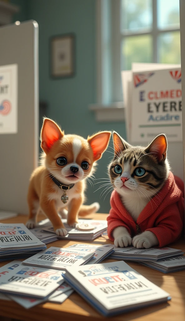 Image 3: The Chihuahua in a voting booth, struggling to reach the ballot box, with a pile of voting guides stacked beside it. The cat, wearing a chic outfit, peeks in with a mix of curiosity and amusement.