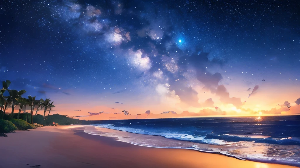 (masterpiece:1.2,Highest quality),Tropical Beach,night,Shooting with a wide-angle prime lens,Starry Sky,milky way,8k resolution