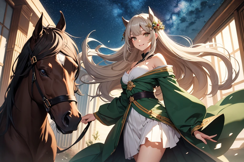 masterpiece、Highest quality、2D Anime、A beautiful horse、Touching head with both hands、Looking up、teeth、Dark lipstick、she is a mature woman、A hair ornament on the right side of her head、smile、White pattern on her bangs、Dark blonde hair、Long Hair、Half Up、Dark brown eyes、Strapless and shoulderless dark green kimono、Dark green sleeves、skirt、pantyhose、Beautiful breasts、Starry Sky、Strong winds、Chest centered、From the knee up