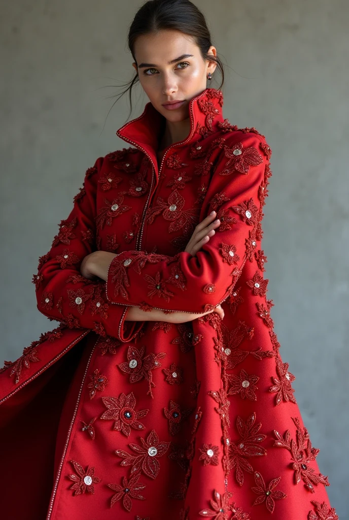 European woman model wearing red floral rhinestone coat