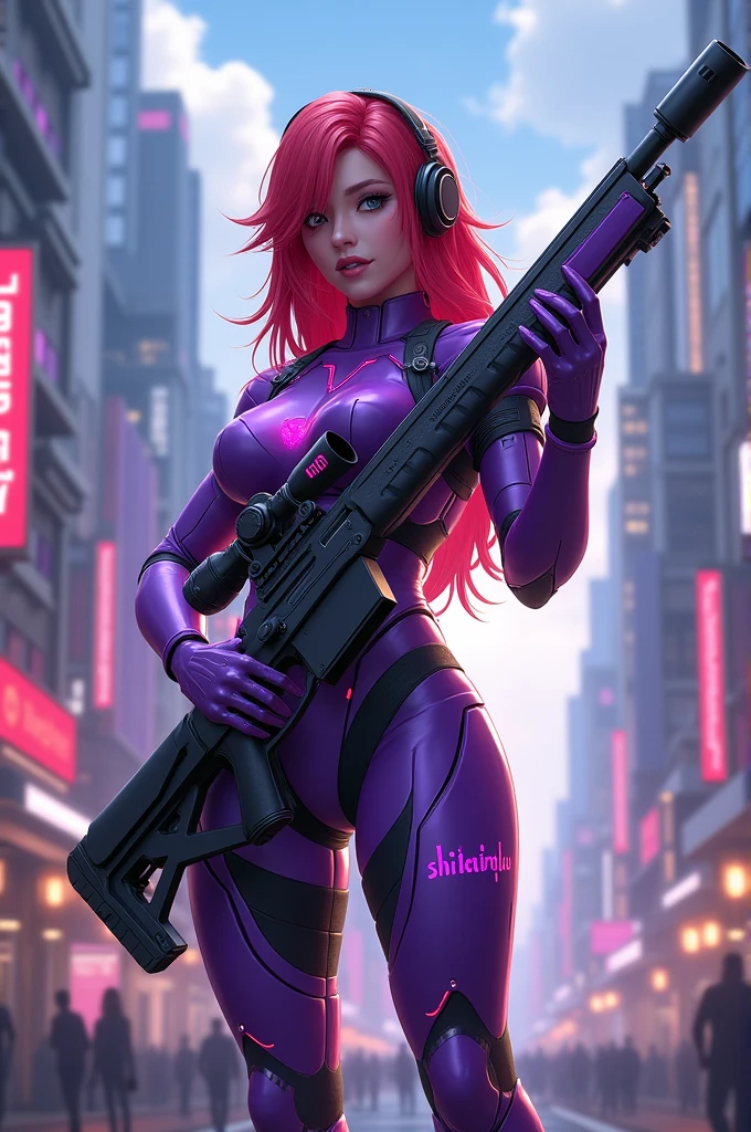 Create a images of Lesly in mobile legends bang bang
Weapon: sniper rifle
Outfit: violet cybord body with print of my name "SHIKAMIKUTA" . Red hair
Background:make a realistic it's up to you