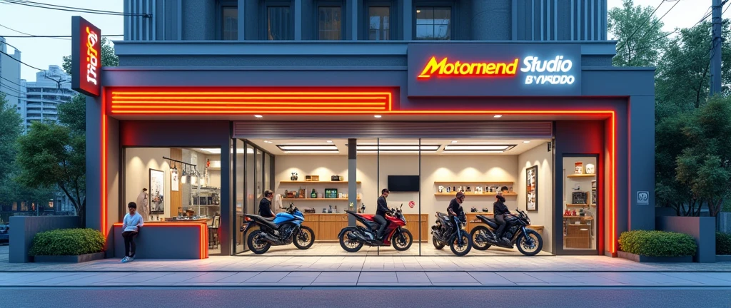 Generate a realistic, horizontally shop width lenthy more more expended part by part room 1 part Service point, 2 part waiting room, 3 part payment reciption same floor extended image of a one-floor bike servicing center named 'MotoMend Studio' in a roadside city area. The design should clearly show three sections: a service point with three mechanics working on bikes visible through a glass front, a customer waiting room with comfortable seating and customers waiting, and a reception area on one side. Also, include a corner with a showcase wall displaying parts, helmets, and engine oil. The center should be clean, organized, and modern. The exterior should feature a well-paved road, a few trees, and surrounding buildings, creating a lively city atmosphere. The 'MotoMend Studio' branding should be prominently displayed on the glass door and signage one floor and one side customer wait in sofa hand tea