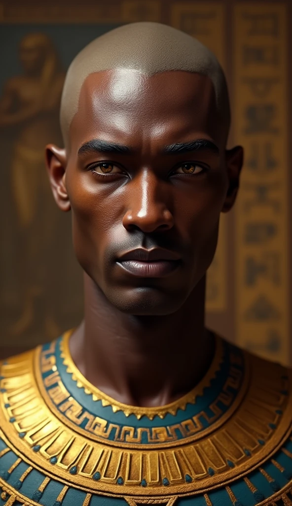 Generate a close-up portrait of Atum, the primordial deity with dark brown skin, golden eyes, and a clean-shaven head. His expression should convey authority and creativity, with detailed traditional Egyptian attire and gold accents. Use Egyptian symbols in the background to enhance the thematic depth. Use masterpiece, best quality, CG, wallpaper, HDR, high quality, ultra detailed face, cinematic, high detail, 8k, raw, high, artstation HQ, unreal engine, octane renderer, 4k resolution, hyperrealistic, highly detailed, and absurdres settings