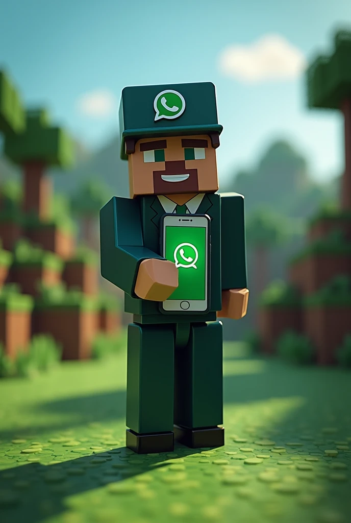 A guy holding a cell phone showing the WhatsApp logo but in the world of Minecraft,  improve in everything, put on a whatsapp cap, make him well dressed, 