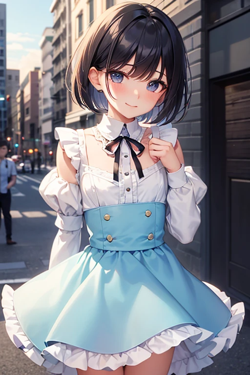 Highest quality, Androgynous male,Cute face,Flat Chest,Short Bob Cut,tutu skirt,Lace blouse,White blouse,Blouse with collar,Ribbon on neck,sleeve,Light blue skirt,Black Hair,Smiling shyly, Blushing, Character portrait, Shooting in the city