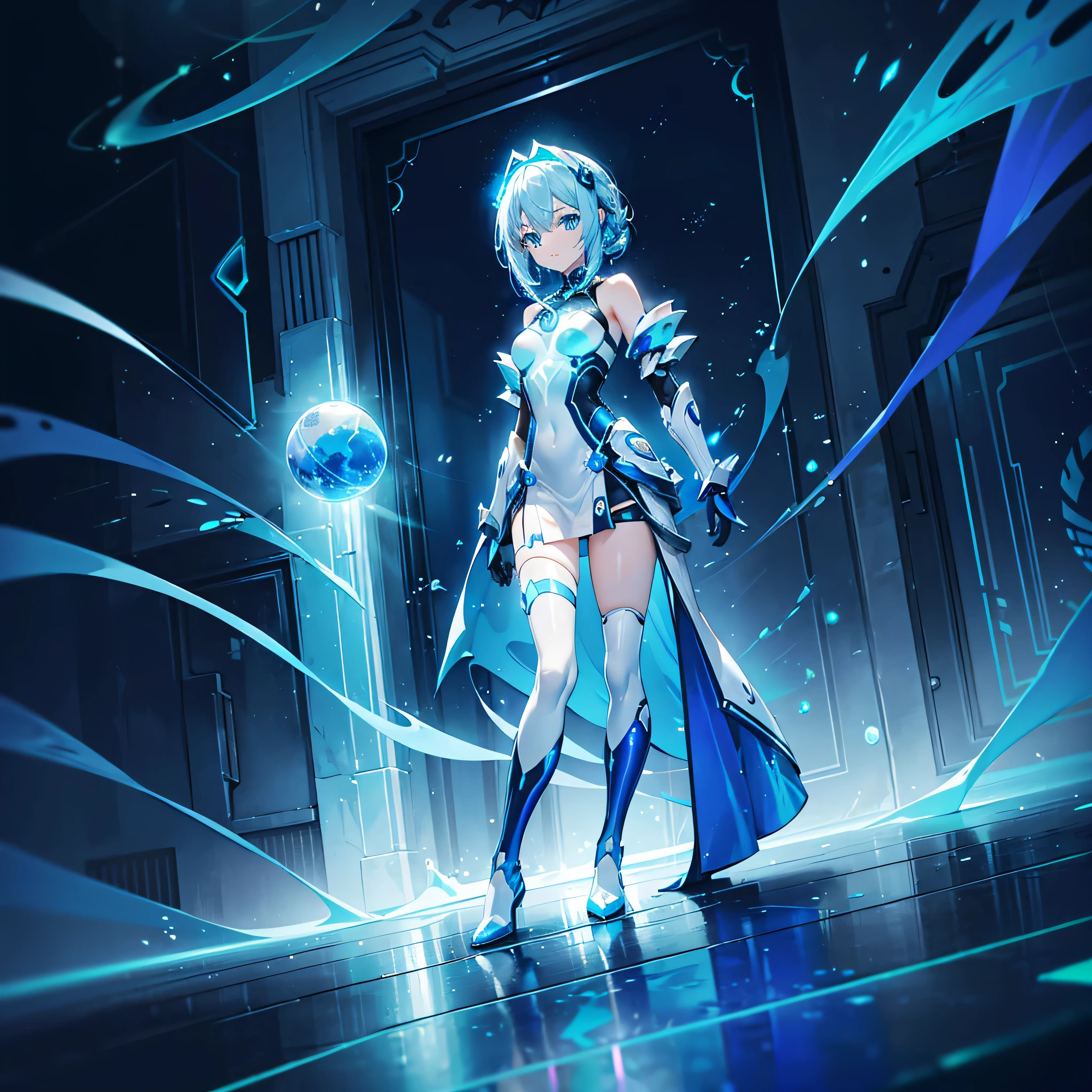 ((Holographic glow effect)),8k, Highest quality, (real:1.4), Original photo, 1 person, Asari Hair, Biological Amplifier, Very sleek and futuristic armor, posture: Peace talks between warring factions,,attention arousal, smart blue eyes,A modest smile,Knee-high boots,Patent-look blue tights,Blue big moon and blue light swirl in the background,Blue light from behind,blue light magic,A small, glowing blue ball in the palm of your hand,Blue flame swirl,Blue Comet,Polished floor,