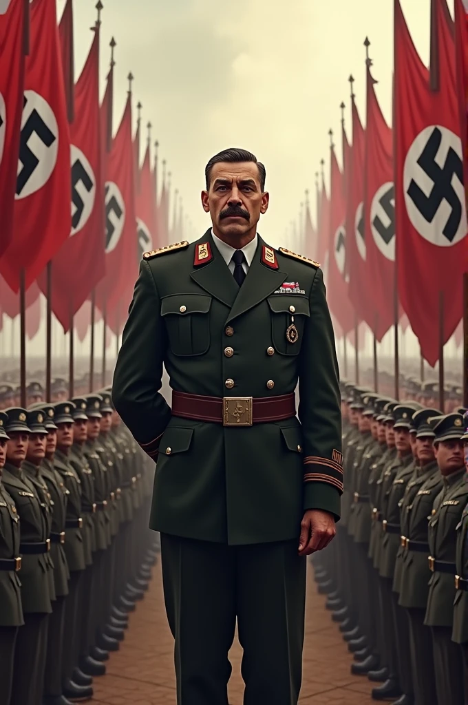 Picture of a man as a Nazi army commander giving a speech on stage facing his troops and around him many Nazi flags are flying. 