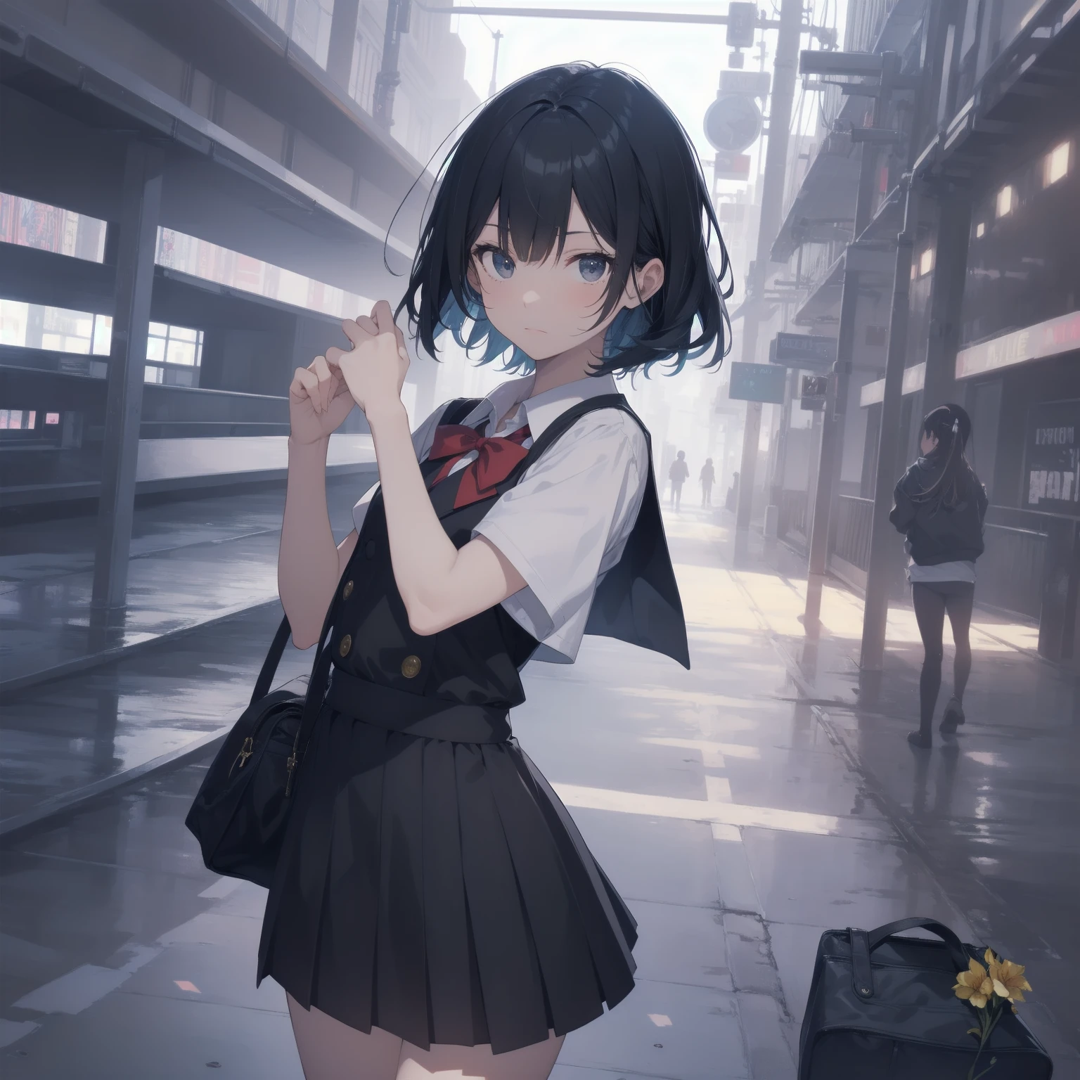 ultra-absurdres-Top quality by artist God, ultra-detailed, high resolution, anime moe artstyle, best anime 8k konachan wallpaper, pixiv contest winner, pool:2810, perfect anatomy,break, 1girl, (Please draw a girl walking sleepily to school alone. )break,(Solo,little female,13yo:1.3),Full limbs, complete fingers,a junior high school student, (very short hair), short cut, flat chest, , small butt, small black eyes, beautiful detailed eyes, well-proportioned iris and pupils, expressive eyes, highres detailed hair, soft expression, salor school_uniform, sailor collar, serahuku, bow, pleated skirt,(Detailed Lighting), (Detailed background), in the School commute route. break,super detailed skin, Best cinematic lighting powered by famous artist, 8k,beauty illustration,photoshop_(medium),very aesthetic,break,((artist:mery_(yangmalgage) )), artist:clamp ,artist:carnelian ,artist:kantoku ,