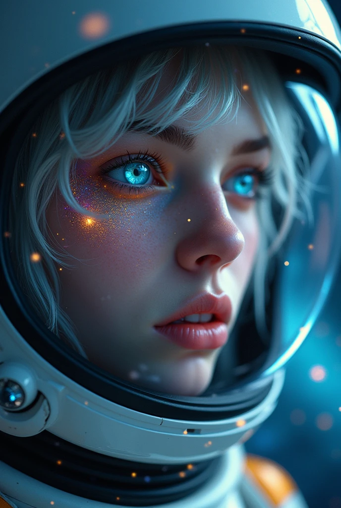 (Close-up of a better masterpiece:1.5)0.9], (Space and astronauts:1.2) (Messy silver hair:1.1) (Heterochromia xanthochromia and blue eyes:1.2) (Space Helmet:1.0) (Colored stars in the eyes:1.0) (A radiant glow:1.1) (thick lips:0.9)