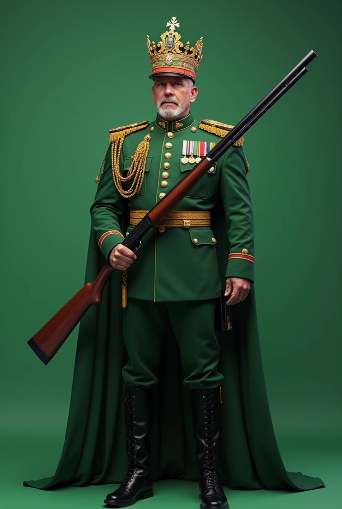 Full Rear viewed, Military governor general standing with handed long shot gun, Male, King's crown on head , green uniform,  plain green screen background 