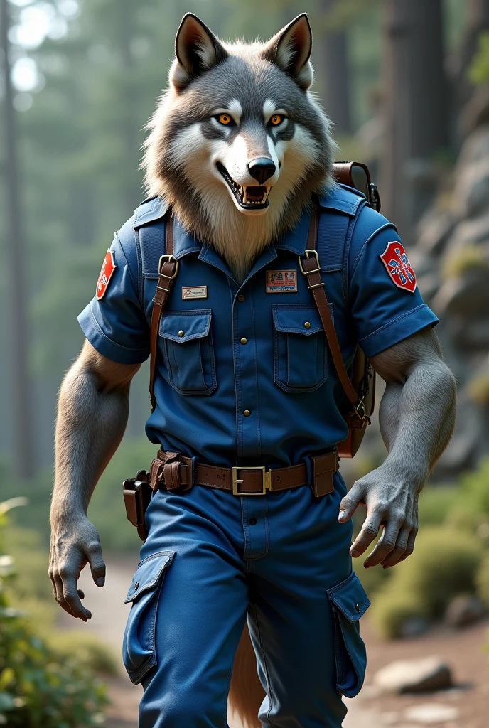 Realistic 3d Wolf  humanoid Overalls blue paramedic 