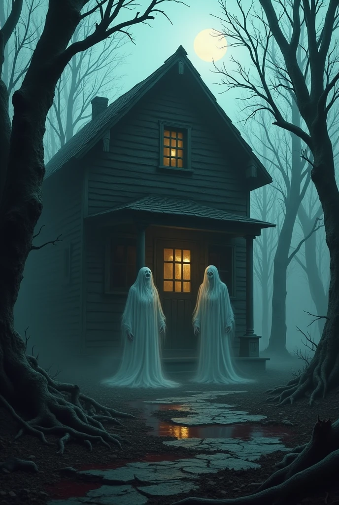 Imagine a dense forest shrouded in thick fog, where the moonlight barely penetrates the twisted, leafless treetops. The ground is covered with dry leaves and broken branches, creating a cryptic carpet that creaks underfoot. In the center of the scene, there is an old wooden cabin, almost falling apart, with broken windows and a door that creaks in the wind. The cabin emanates a faint, flickering light., as if a candle was about to go out inside.
Around the cabin, spectral figures, translucent and deformed, float in silence, their faces contorted in expressions of agony. One of them is leaning against the wall of the cabin, with long, tangled hair covering her face, from where only empty eyes can be seen, glowing with a ghostly light.
Near the entrance, a pool of dark blood spreads across the floor, apparently emerging from inside the cabin. Deep scratches are engraved on the door, as if something with sharp claws had tried to get in — or out. The atmosphere is suffocating, and the air seems to vibrate with an incessant, distant whisper, loaded with dark promises and hidden dangers.