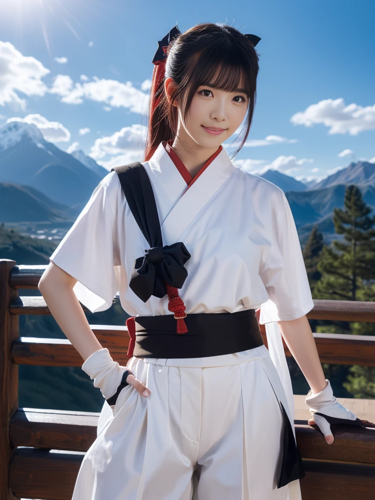 masterpiece, Highest quality,One person, red bow, bow, Long Hair, hair bow, Ainu clothing, alone, hair band, bird, Black Hair, fingerless gloves, Short sleeve, gloves, sash, pants, bangs, red hair band, arms, chest, Brown eyes, white pants, kimono, Confused, A light smile, Official Art, Good composition, Official pose, detailed Portraiture, Portraiture, Bokeh, Clouds and mountains background, warrior, onmyoji style, High resolution, Dramatic lighting and shadows, Solar flare, Blurred foreground