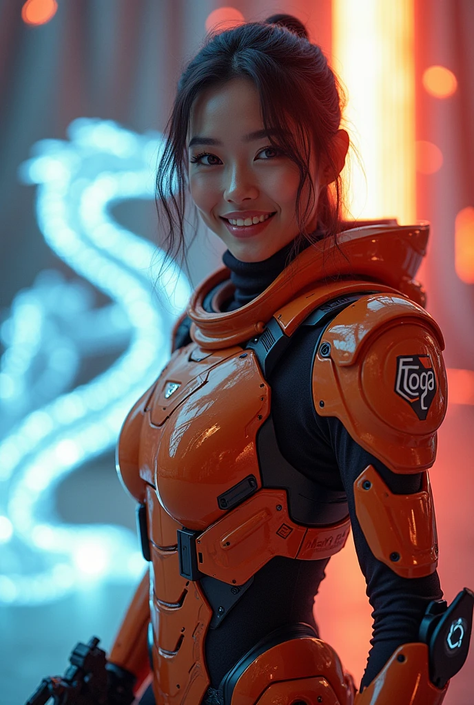 Professional-quality photographs with Cristal sense technology and stroboscopic photography and Cristal sense technologhy, taken by Gopro Cam 128K resulution Highest Definiton image ever featuring the most beautiful girl in the world smiling at the viewer, dressed in a magnificently detailed soldier mecha armor with futuristic weapon (With "ToGa" name on Weapon), radiating warmth and life amidst a distinctively designed backdrop that incorporates eye-catching accessories and a futuristically transparent moving dragon snake, its form elegantly flowing with an otherworldly glow that mirrors advanced lighting techniques, as if captured during a sci-fi movie scene as background, with enhanced brightness and clarity Natural lighting, (direct light:0.4), 8mm film grain, photographed on a Sony a9 II, 24mm lens, f/2.8 aperture, Deep focus,)))