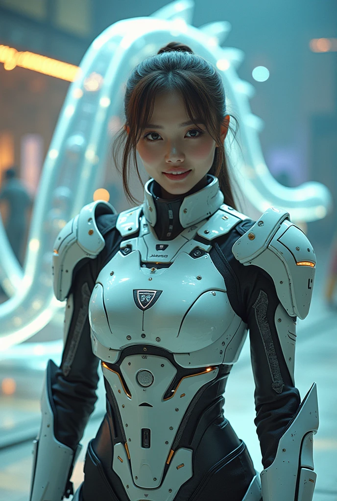 Professional-quality photographs with Cristal sense technology and stroboscopic photography and Cristal sense technologhy, taken by Gopro Cam 128K resulution Highest Definiton image ever featuring the most beautiful girl in the world smiling at the viewer, dressed in a magnificently detailed soldier mecha armor with futuristic weapon (With "ToGa" name on Weapon), radiating warmth and life amidst a distinctively designed backdrop that incorporates eye-catching accessories and a futuristically transparent moving dragon snake, its form elegantly flowing with an otherworldly glow that mirrors advanced lighting techniques, as if captured during a sci-fi movie scene as background, with enhanced brightness and clarity Natural lighting, (direct light:0.4), 8mm film grain, photographed on a Sony a9 II, 24mm lens, f/2.8 aperture, Deep focus,)))