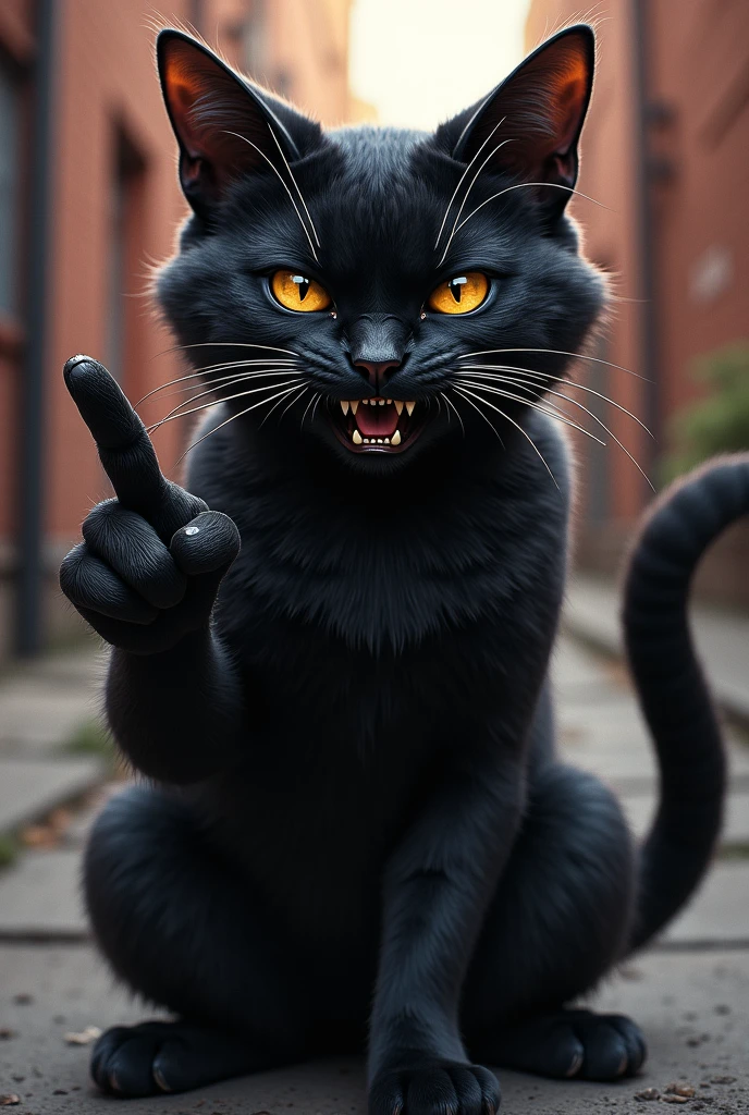 A black cat agressive, egocentric and rock n roll actitude giving the middle finger