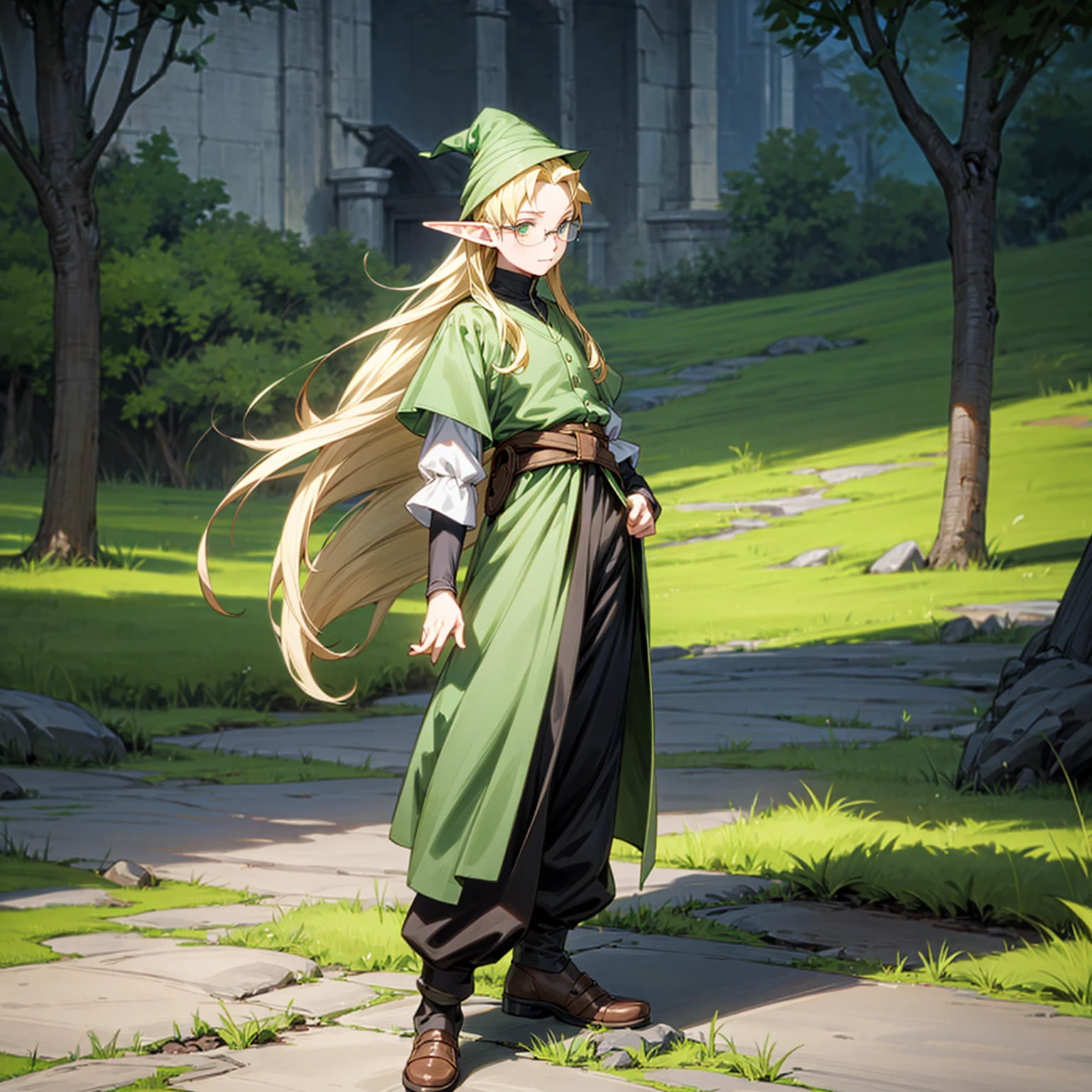 Solo character, full body version, young man, (elf), green eyes, blonde color hair, long hair, formal clothing, long pants, shoes, outdoor, town, medieval, standing gesture, detailed background, detailed clothing, detailed hair, (Hunter x Hunter style art, Doraemon style art), happy, glasses, witch hat, big muscle