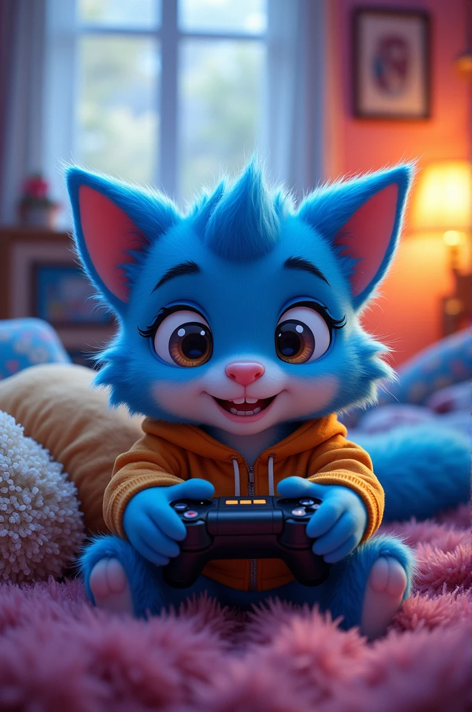 Draw a blue cute cat boy playing game