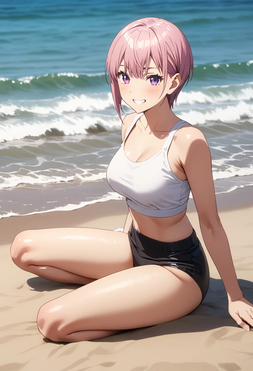 (Highest quality, 4K, 8k, High resolution, masterpiece:1.2), Very detailed, Picturesque, Animated Photography, Photo Animation:1.37)、A Japanese girl、(Pink Hair)、(Pixie Cut)、(Black underwear)、bikini、(bikini color:random)、black cheokr、 on beach、grin,white teeth、waist up、Full body photography、Nakano ichika