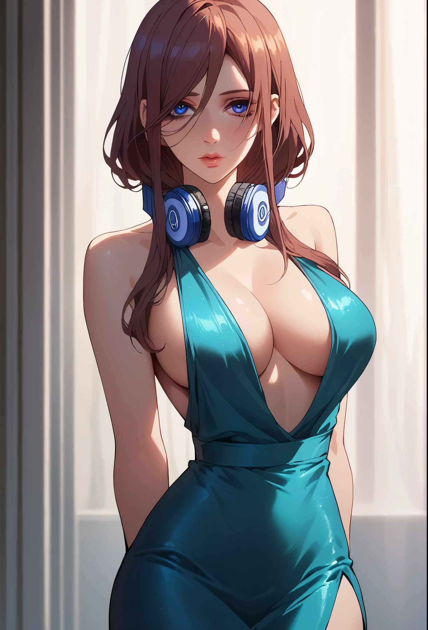 1girl, elegant erotic beautiful girl, big breasts, ((brown hair)), maxi dress, adultery, indecent, vulgar, Nakano Miku, intricate details, delicate facial features, beautiful blue eyes, ulzzang, long eyelashes, small nose, full lips, porcelain skin, natural lighting, warm color palette, chiaroscuro lighting, dramatic shadows, sensual, alluring, mature themes, artistic, dreamlike, ethereal, ((arms behind back)), sideboob, cleavage, looking at viewer, ulzzang, (blue eyes), headphones, thigh highs