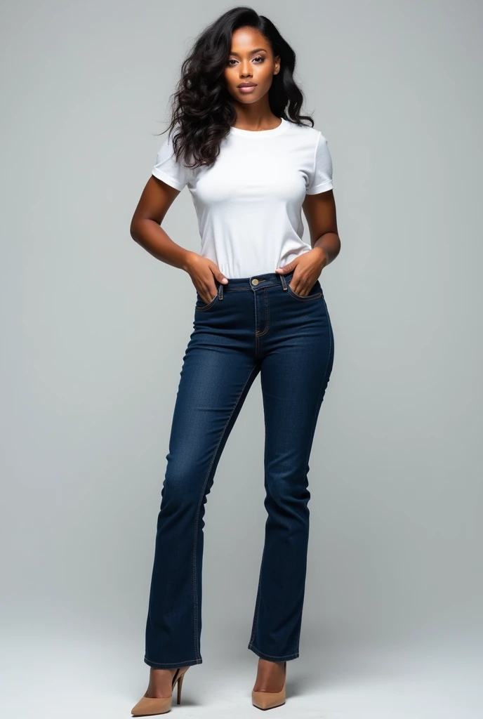 image captured with a Sony α7 III camera, full body shot, sex figure with a perfect hourglass body shape, young Black woman early 20's, bootcut jeans in dark Blue color, fitted waist tee in white color, standing straight, light brown high heels, light gray background.