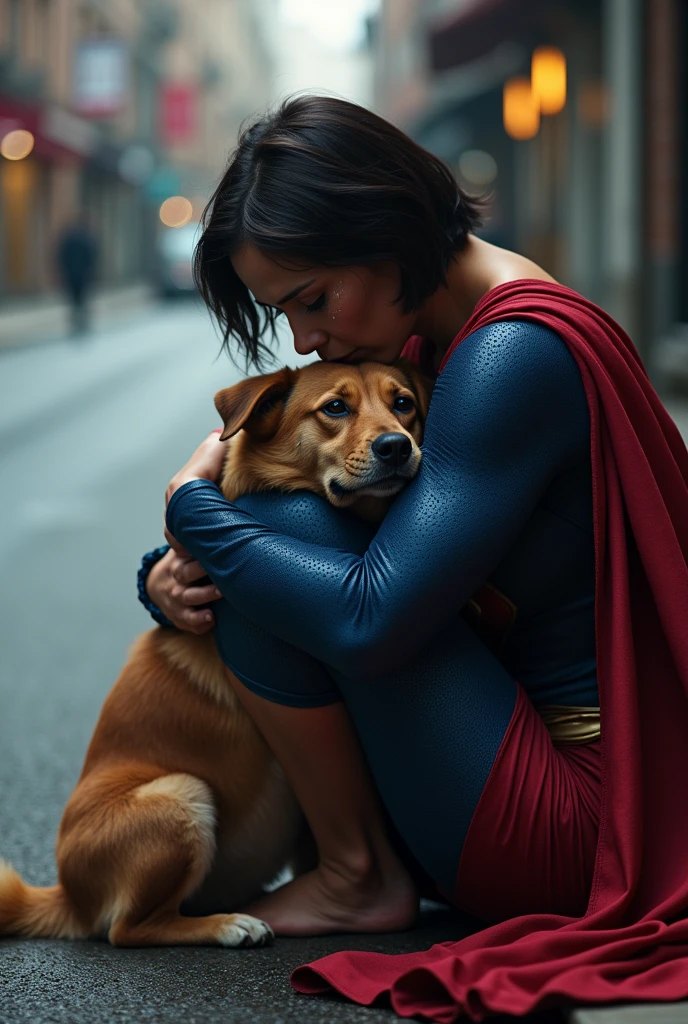 Short haired brunette woman wearing a superman costume, physically strong, sitting on the asphalt street, Hugging a dog, Grieving, side perspective, sobbing.