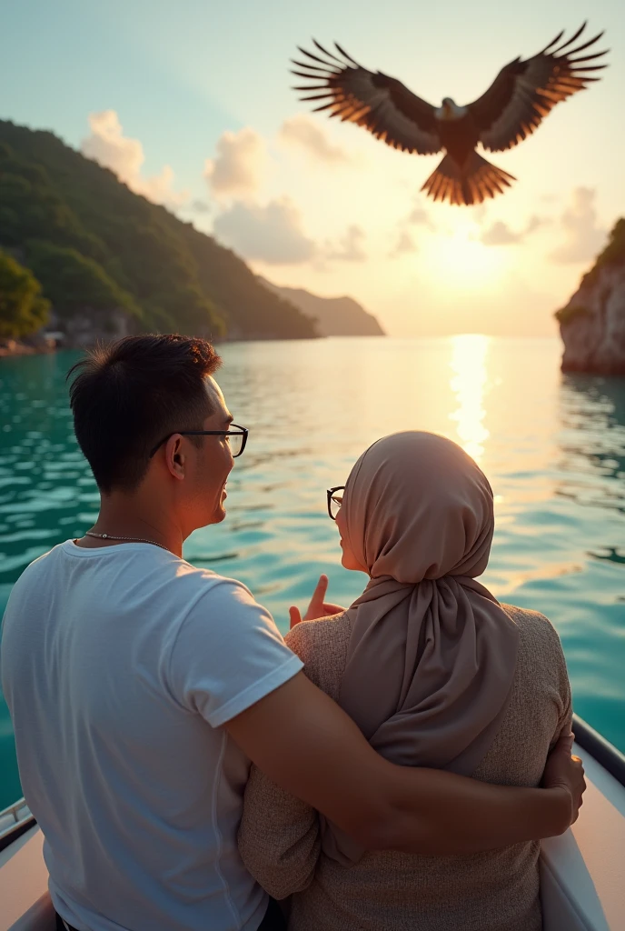 very detailed and realistic photos, HD quality, 4K, A married couple, wearing glasses,looking at the Camera, Indonesian man and woman, 50 years old,black hair, the man is a bit thin, 170 cm tall, wearing casual clothes, the woman is wearing a headscarf, fat, 165 cm tall, the photo position is facing the camera, they are riding a luxury private yacht with an open roof on a seashore with a background view of small islands that are very beautiful and exotic with very clear sea water, a large eagle appears to be flying very close to their ship. morning atmosphere with the sun still looking reddish in the sky.